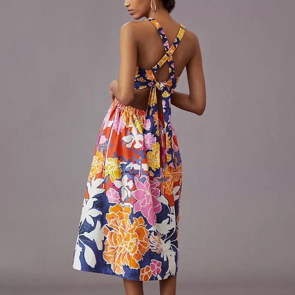 Anthropologie Navy Floral Halter Midi Dress with Pink, Yellow & Orange Blooms - Picture 7 of 10